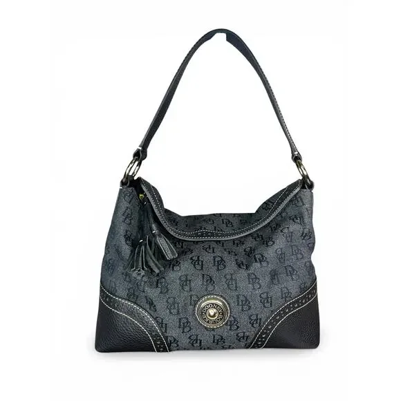 Vintage Dooney & Bourke Signature Monogram Hobo Bag Black Navy Blue / Gray - Picture 3 of 13